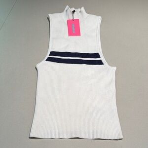 White Sleeveless Knit Top with navy Stripes. XS NWT Edikted